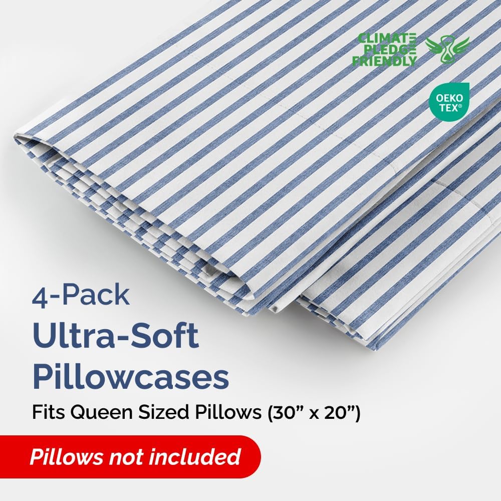 CGK Unlimited Queen Size Pillow Case Set of 4 - Soft, Premium Quality Microfiber Fabric - Blue Stripes 2, 20x40, 20x36 & 20x48