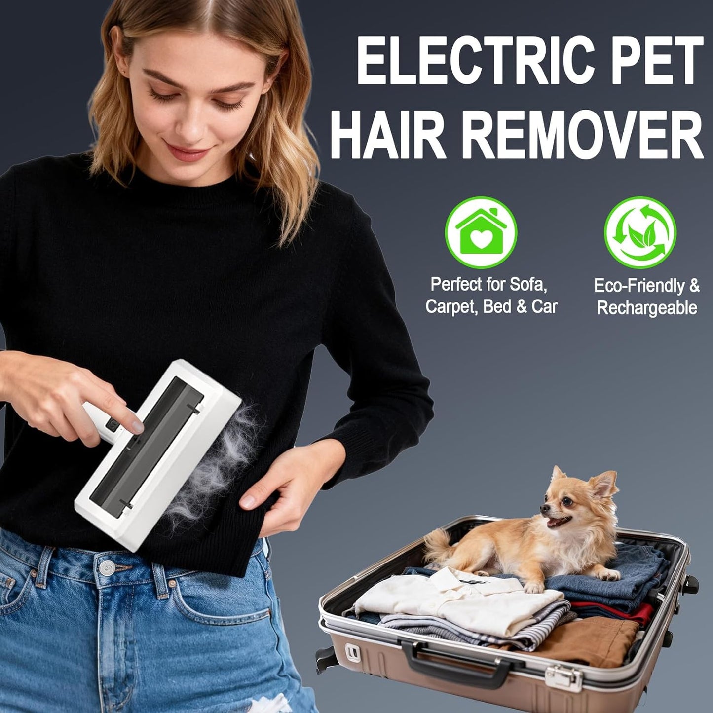 Electric Pet Hair Remover for Dogs & Cats, Rechargeable Lint Roller with Adjustable Handle, Portable Hair Cleaner for Sofa, Carpet, Bed, Car, Multi-Surface Fur Removal Tool (White, Electric)