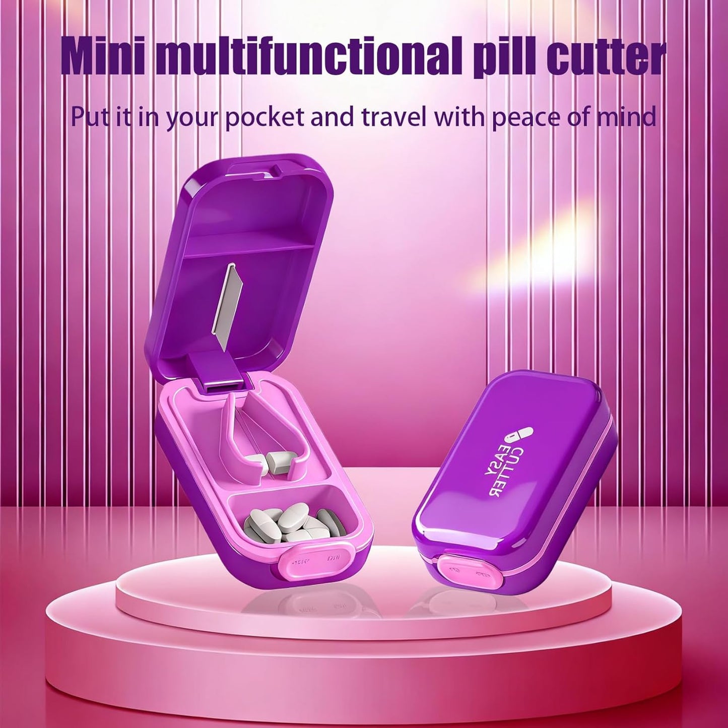 Pill Cutter Splitter for Small or Large Pills with Safety Lock - Accurate and Easy Travel-Friendly Design for Daily Use (Purple)