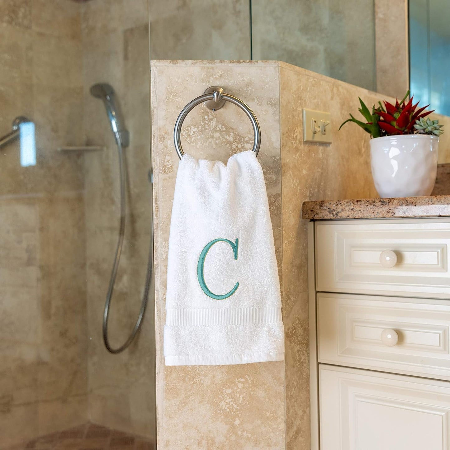 Teal Initial Hand Towel for Bathroom - Monogrammed Luxury Hotel Quality Decorative Embroidered Towel for Powder Room, Spa - GOTS Organic Certified - Set of 2 Letter C