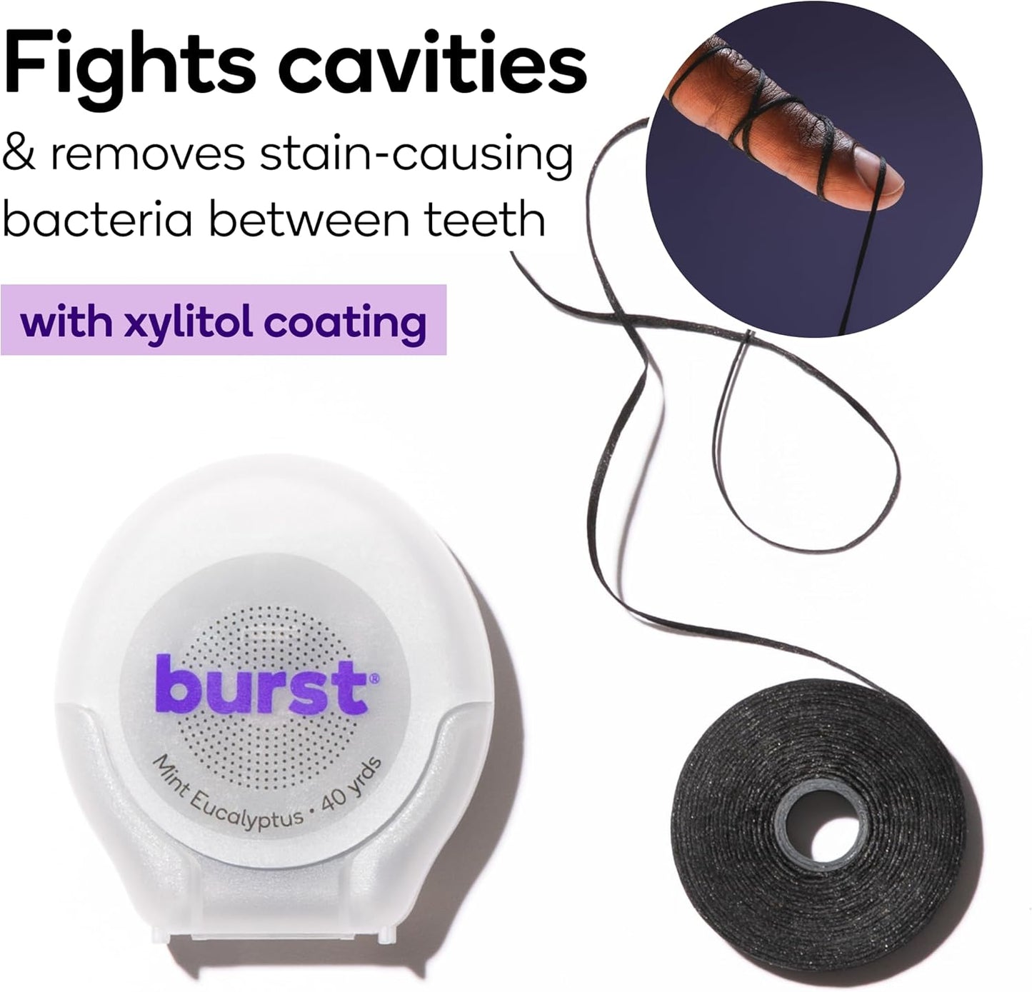 BURST Expanding Dental Floss (Mint Eucalyptus/240 Yards) | Stain Absorbing & Woven with Xylitol Coating to Fight Cavities | Vegan | Paraben Free