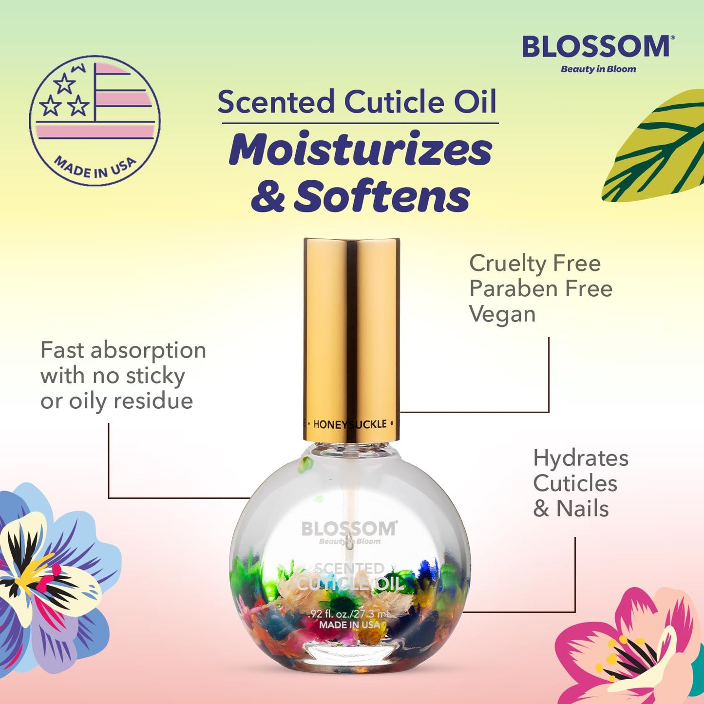 Blossom Cuticle Oil for Nails, Hydrating, Moisturizing, Scented Nail Oil Cuticle Care, Infused with Real Flowers, Made in USA, 0.92 fl. oz, Honeysuckle