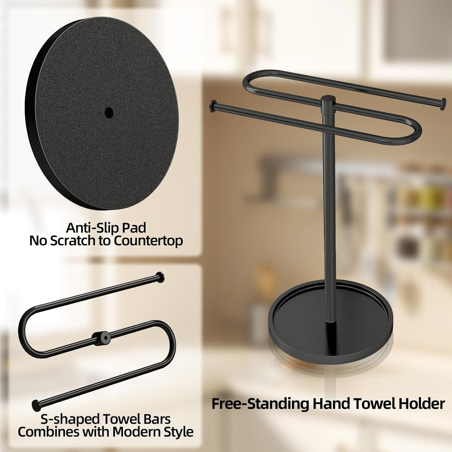 Towel Holder Stand, Stainless Steel Hand Towel Holder Rack for Bathroom Countertop, S-Shape Free Standing Towel Bar Holds 2 Towels for Kitchen Countertop, Black