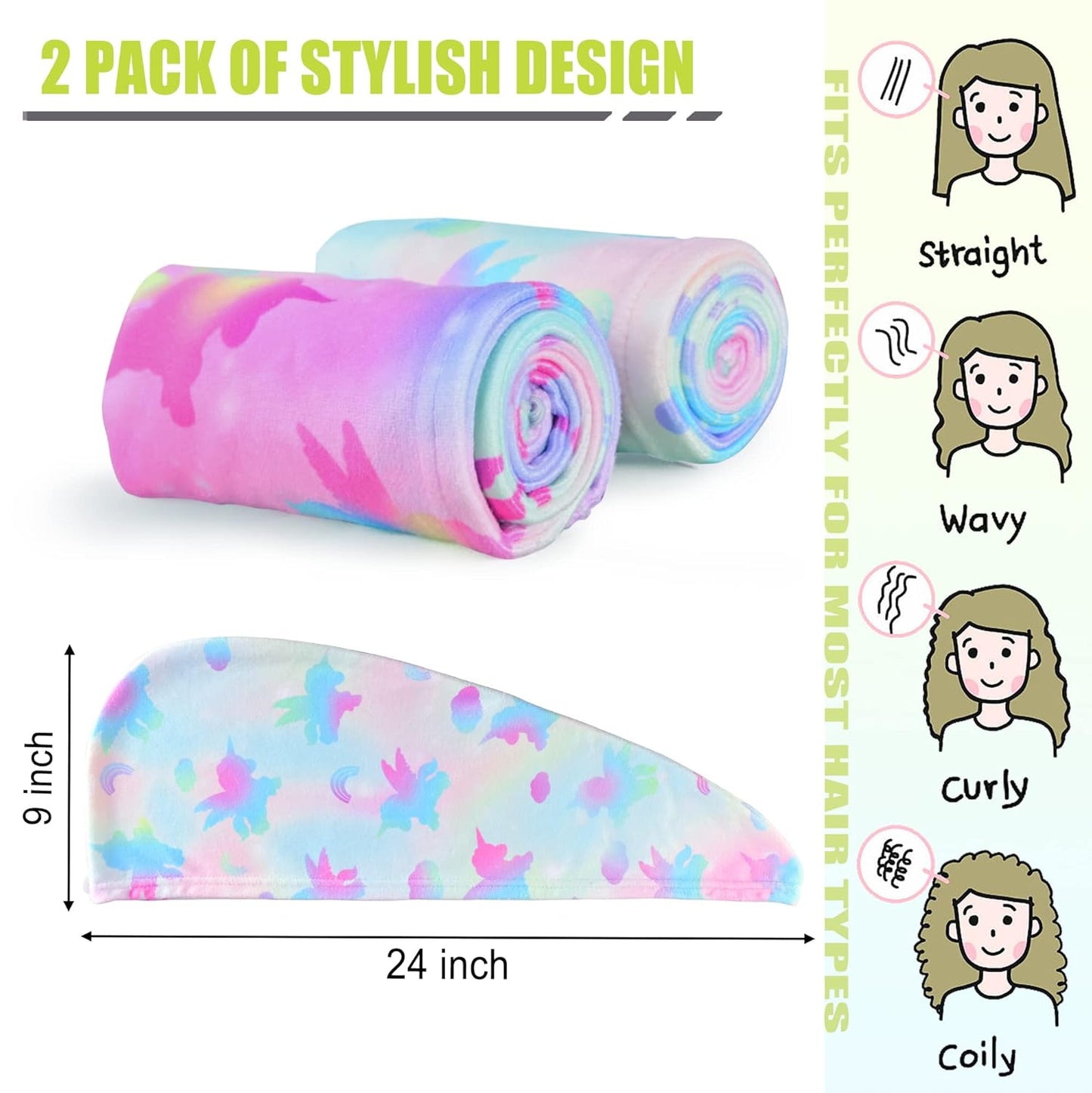 ELLEWIN Microfiber Hair Towel Wrap for Kids Girls 2 Pack Hair Turban Drying for Women Gifts Set Absorbent Quick Dry Twisty Anti Frizz Towel for Curly Long Thick Hair