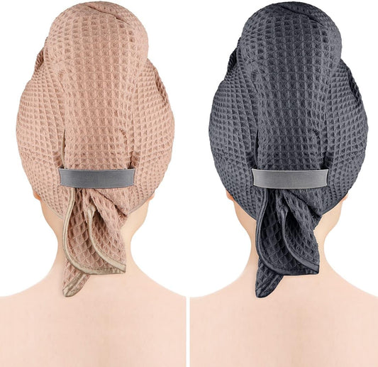 GLIMGLINT 2 Pack Large Microfiber Hair Towel Wrap for Women, Super Soft Hair Drying Towel, Fast Drying Waffle Hair Towel Wrap with Elastic Strap 40"X26.5" (Grey/Brown)