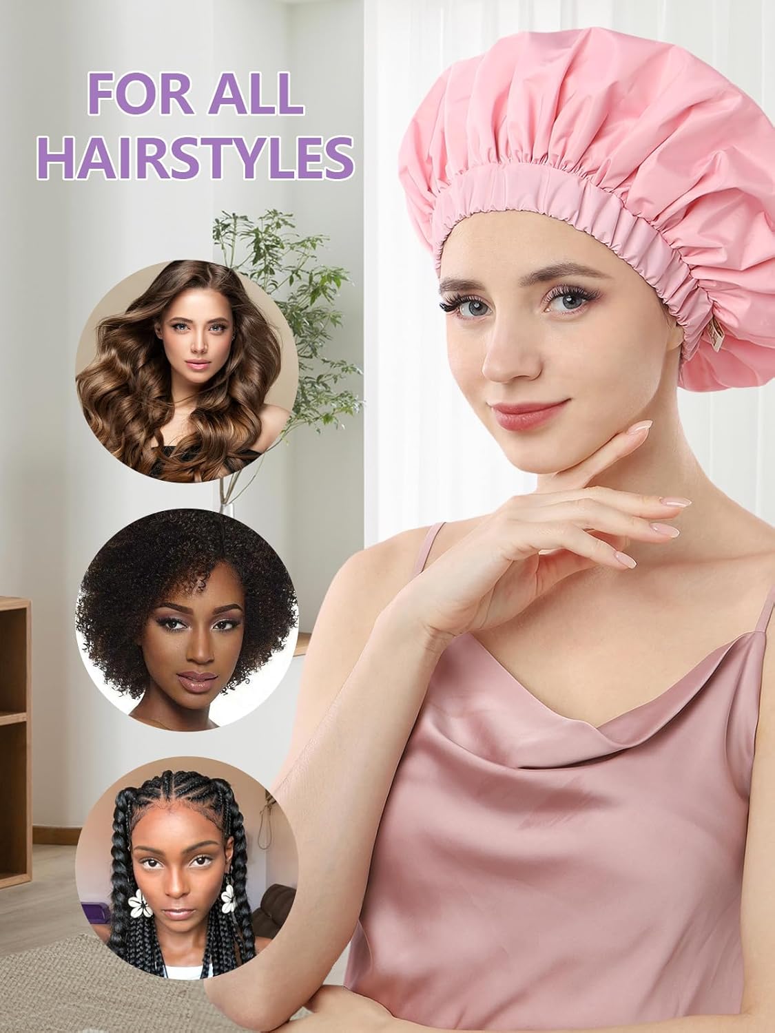 Years calm Reusable Waterproof Shower Caps for Women, Hair Caps for Showers, Double-Layer Elastic Design, for All Hairstyles, Travel-Friendly (pink)