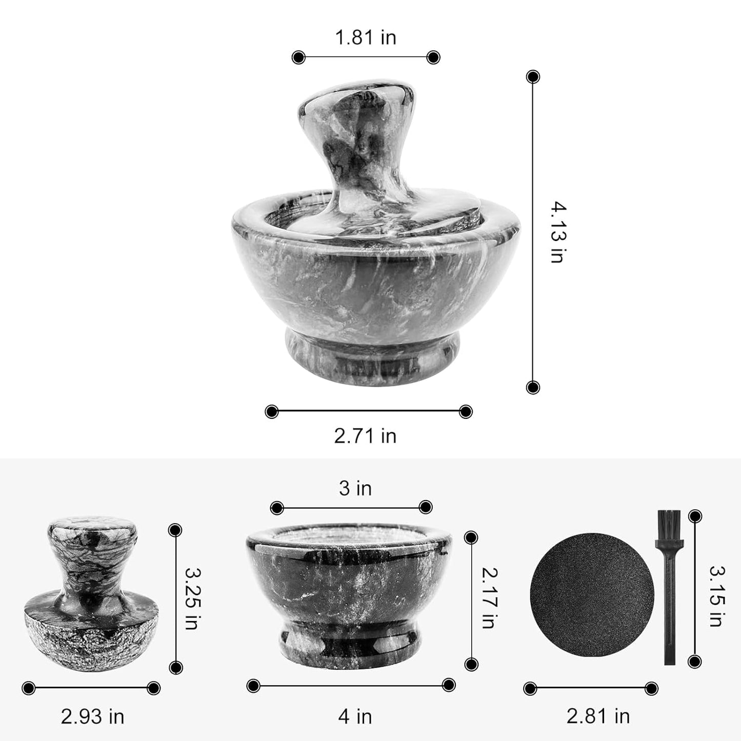 Mortar and Pestle Set, Marble Mortar and Mushroom Pestle,4 inch,1/2 Cup,Stone Grinder with Brush Placemat for Pills Herbs Spices,Easy to Grip,Gets a Fine Grind Easily,Pill Crusher,Black