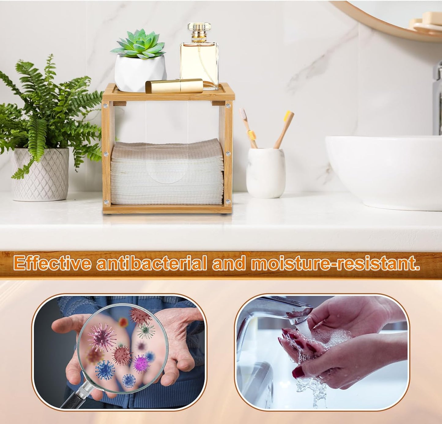 Chunful Disposable Face Towel Holder Box with Bamboo Lid, Acrylic Cosmetic Facial Towel Storage Container for Disposable Makeup Wipes Bathroom Vanity Countertop(Magnetic Connection)
