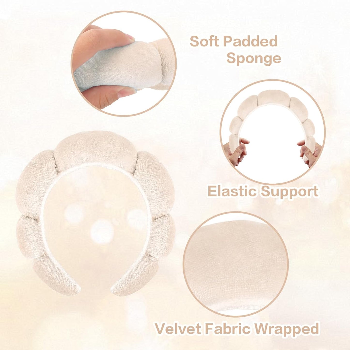CAVETEE Spa Headband for Washing Face, Sink Care Headband for Women Sponge Bubble Makeup Head band for Women, Soft Velour Hair Accessoriesfor Girls (Beige, one size)