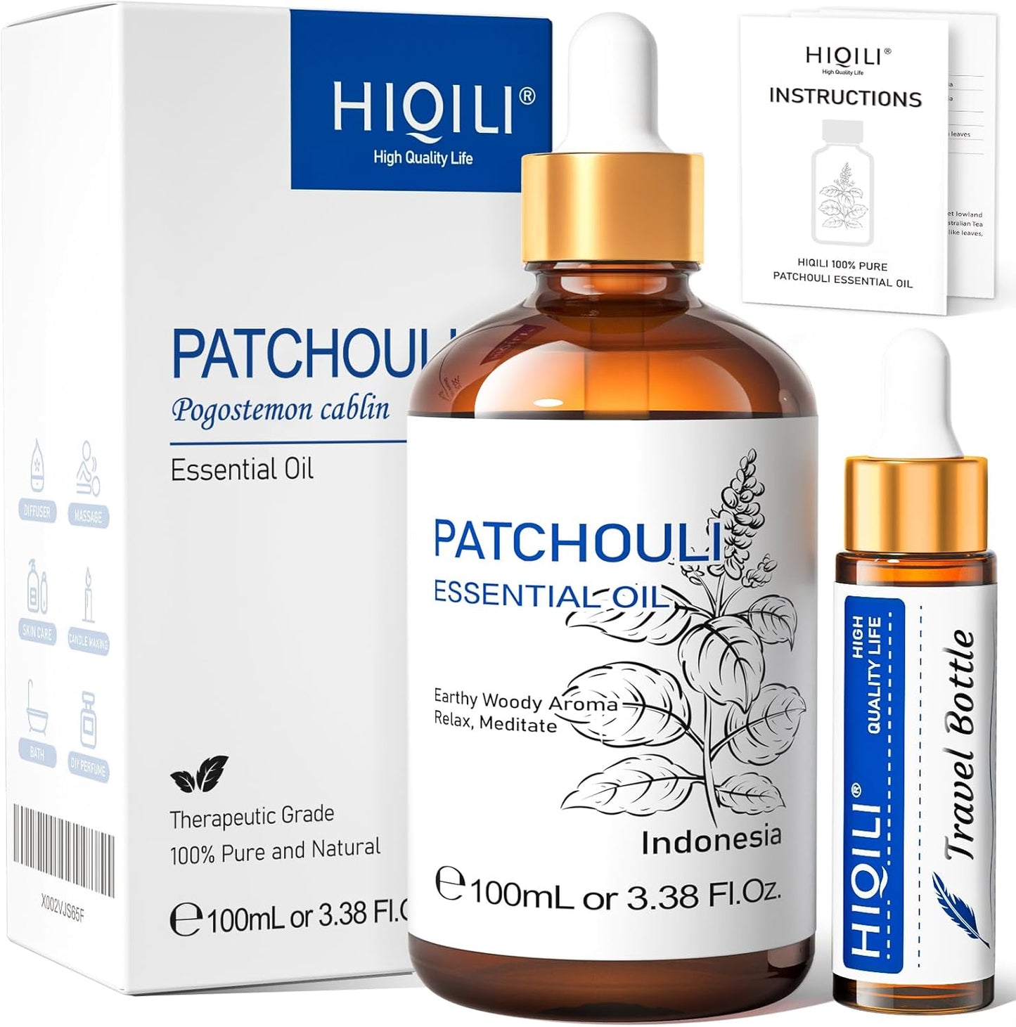 HIQILI Patchouli Essential Oil,100% Pure & Natural for Homemade Perfume, Sooth Skin, Nourish Hair at Home with Diffuser, Gift for Hippie Friend -100ML