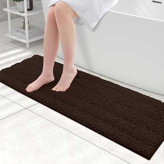 Grandaily Chenille Striped Bathroom Rugs 47x17, Extra Thick and Absorbent Bath Mats, Non-Slip Soft Plush Shaggy Shower Carpet, Machine Wash Dry, Bath Rug for Bathroom, Brown
