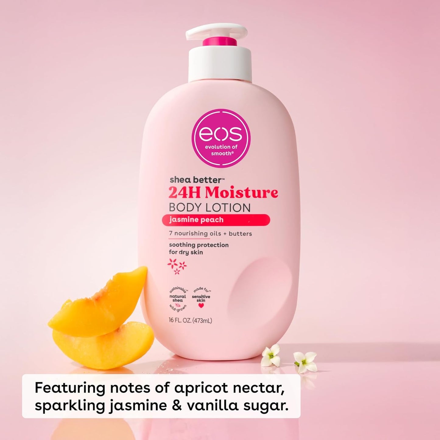 eos Shea Better Body Lotion Jasmine Peach, 24-Hour Moisture Skin Care, Lightweight & Non-Greasy, Natural Shea, Vegan, 16 fl oz