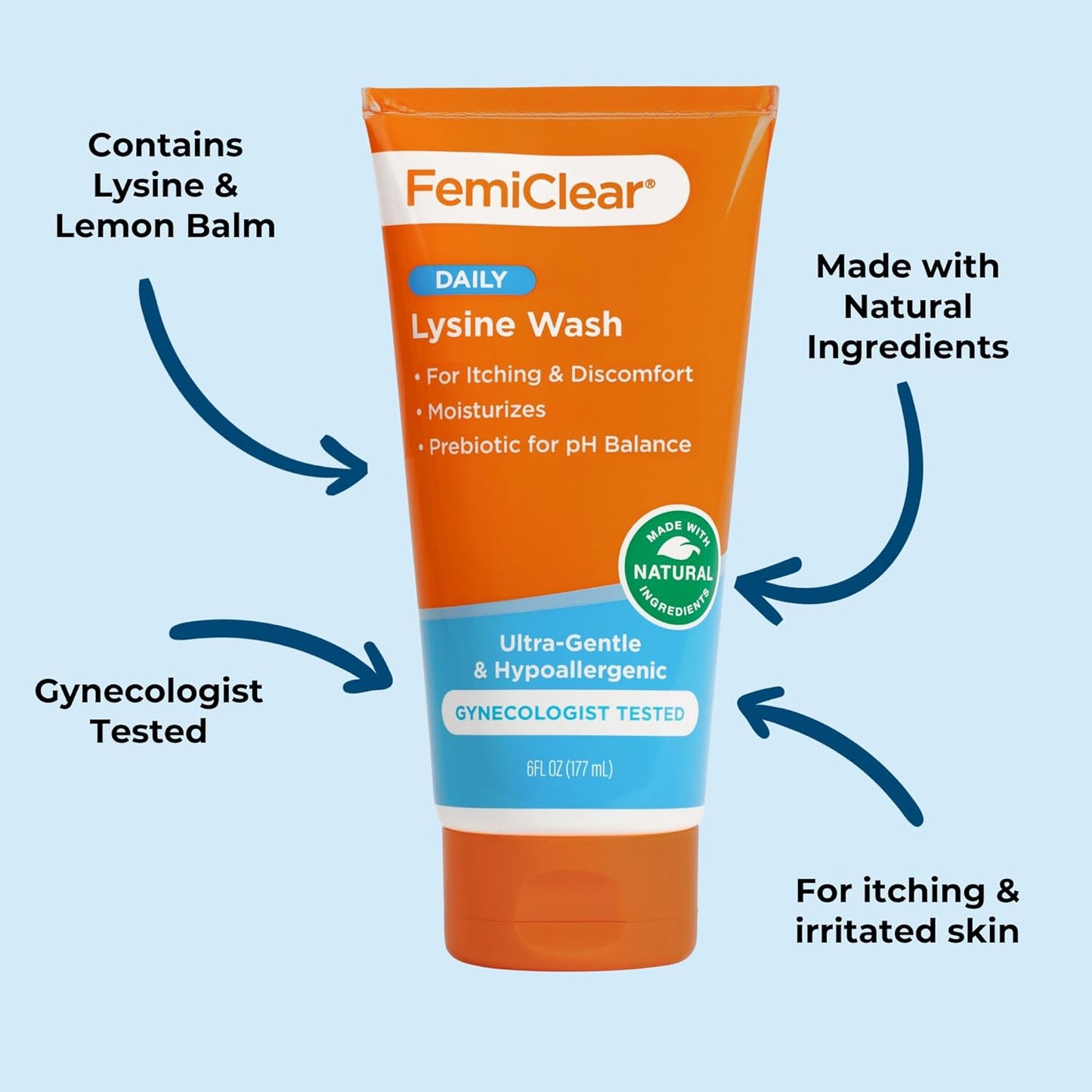 FemiClear® Ultra-Gentle Feminine Wash – Made with Lysine & Lemon Balm for Feminine Hygiene, Essentials for Vaginal Health (6FL oz)