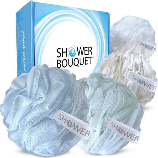 SHOWER BOUQUET Loofah-Bath-Sponge XL Soft-Pastel-Colors 4-Pack // Extra-Large 75g Mesh Luffa Loofa Loufa Puff Pouf Set/Exfoliating Body Scrubber for Women and Men - Exfoliate & Soothe Face & Body