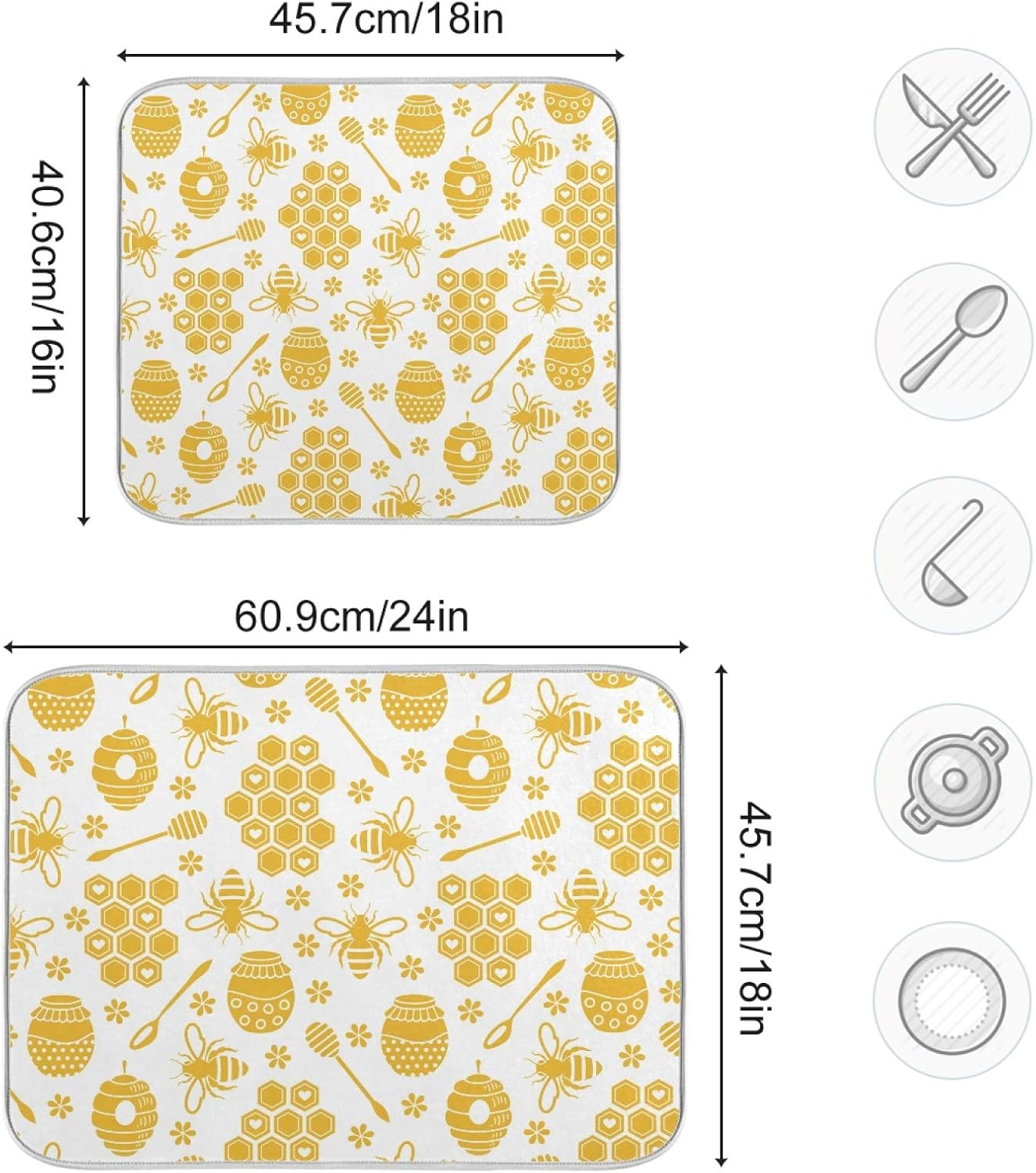 Yellow Dish Drying Mat for Kitchen Counter Bee Honey Microfiber Dish Mat Absorbent Drying Pad Dish Draining Mat 18 x 16 Inch Medium