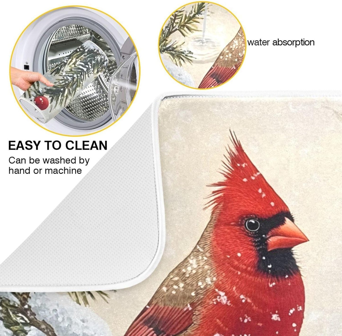 Christmas Dish Drying Mat Red Cardinals Birds Snowflake Branches Berries Winter Christmas Dish Drainer Mat for Kitchen Counter 18x24 inch Drying Mat Absorbent Microfiber Dish Mat