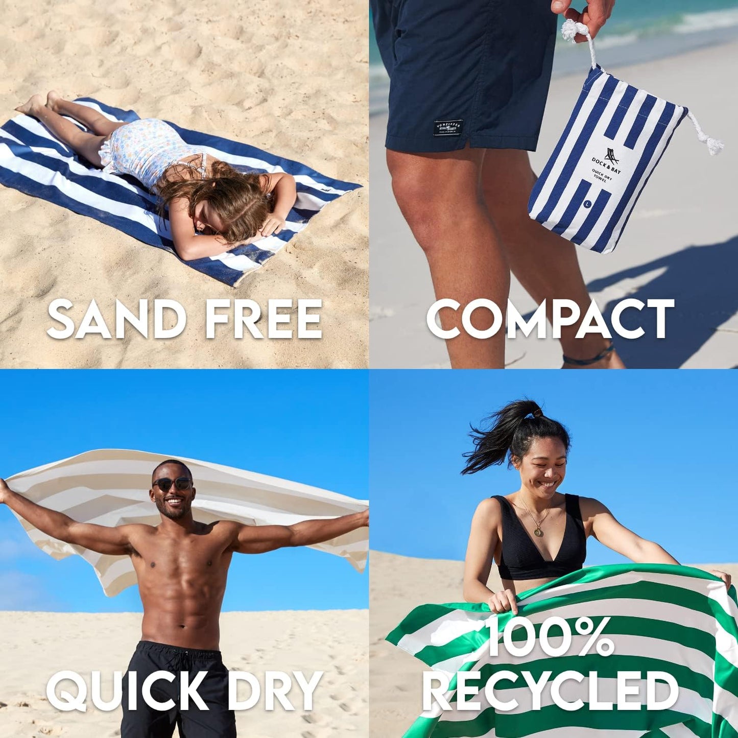 Dock & Bay Beach Towel - Quick Dry, Sand Free - Compact, Lightweight - 100% Recycled - Includes Bag - Cabana - Cayman Khaki - Large (160x90cm, 63x35)