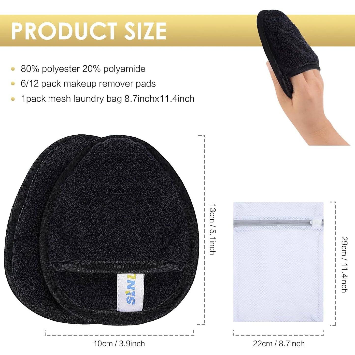 SINLAND Reusable Makeup Remover Pads For Face,Eye,Lips Microfiber Gentle Facial Cleansing Cloths for All Skin Types Friendly for Makeup Remover With Laundry Bag Black Pack of 12