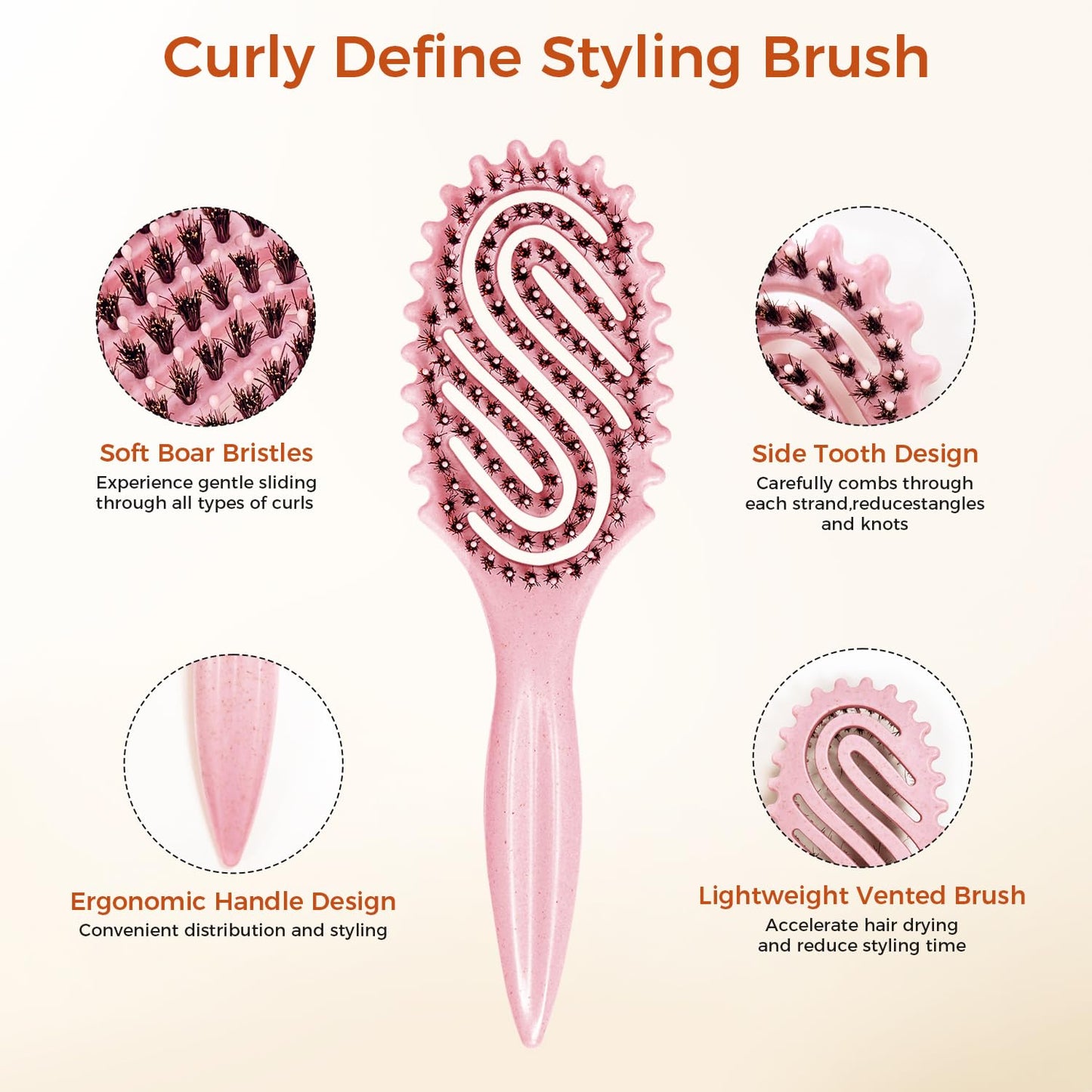 Curly Hair Brush, Curl Defining Brush with Soft Boar Bristles for Combing, Shaping, and Styling Curly Hair Suitable for All Women and Men with Wet & Dry Hair(Pink)