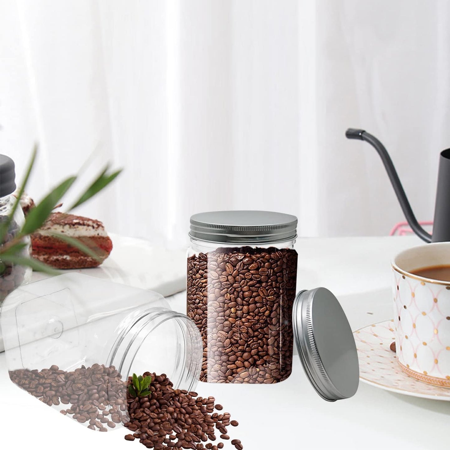 6 Pack 24 Oz Clear plastic jar, Refillable Kitchen Storage Containers, For Kitchen & Household, Aluminum cap.