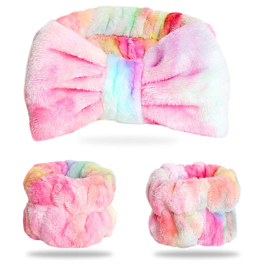 WSYUB Spa Headband and Wrist Bands, Makeup Headband and Wrist Towels for Washing Face, Fuzzy Bow Headbands, Soft Facial Head Bands, Shower Skincare Hair Sleepover Party Supplies