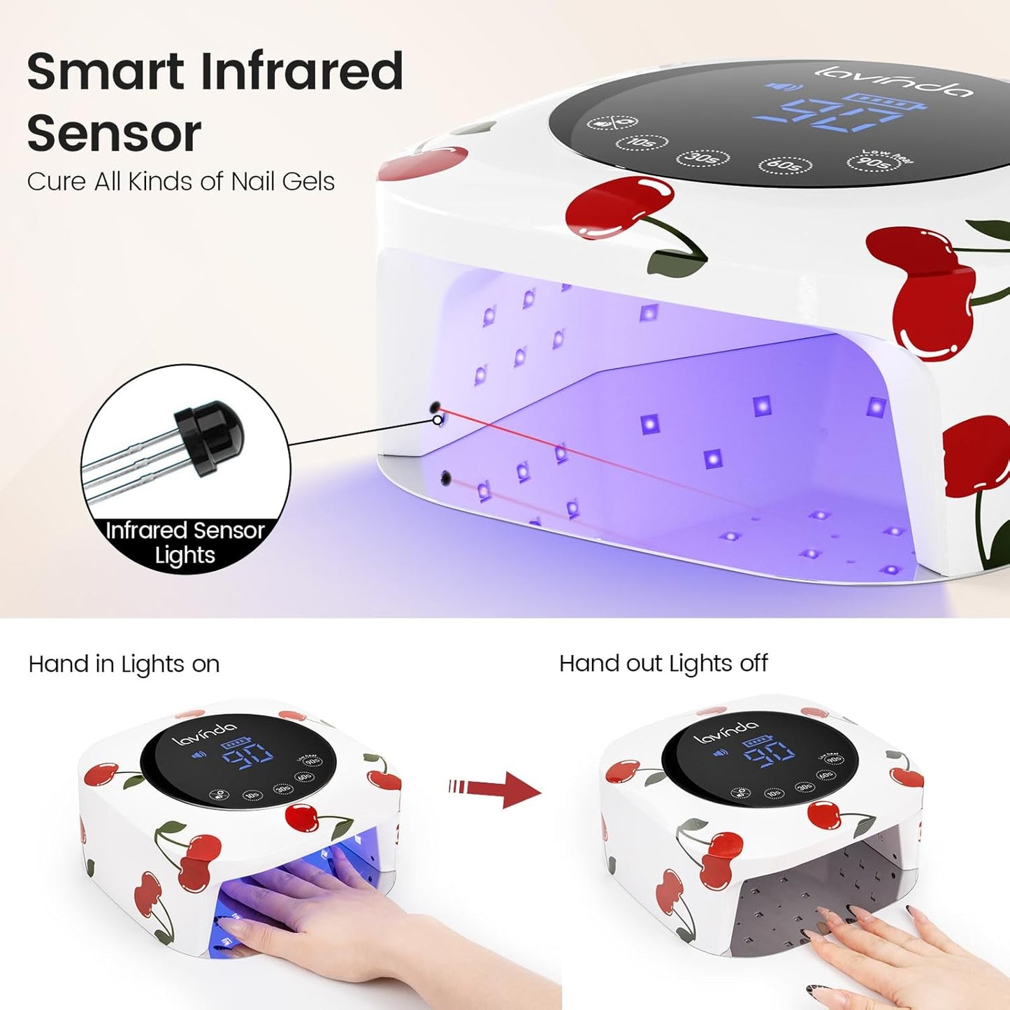 Lavinda 54W Nail Lamp UV Light for Gel Nails Rechargeable Cordless UV Lamp Nail Light with 4 Timer, 2X Faster Professional Gel Polish Curing Nail Dryer for Salon Use-Cherry Print