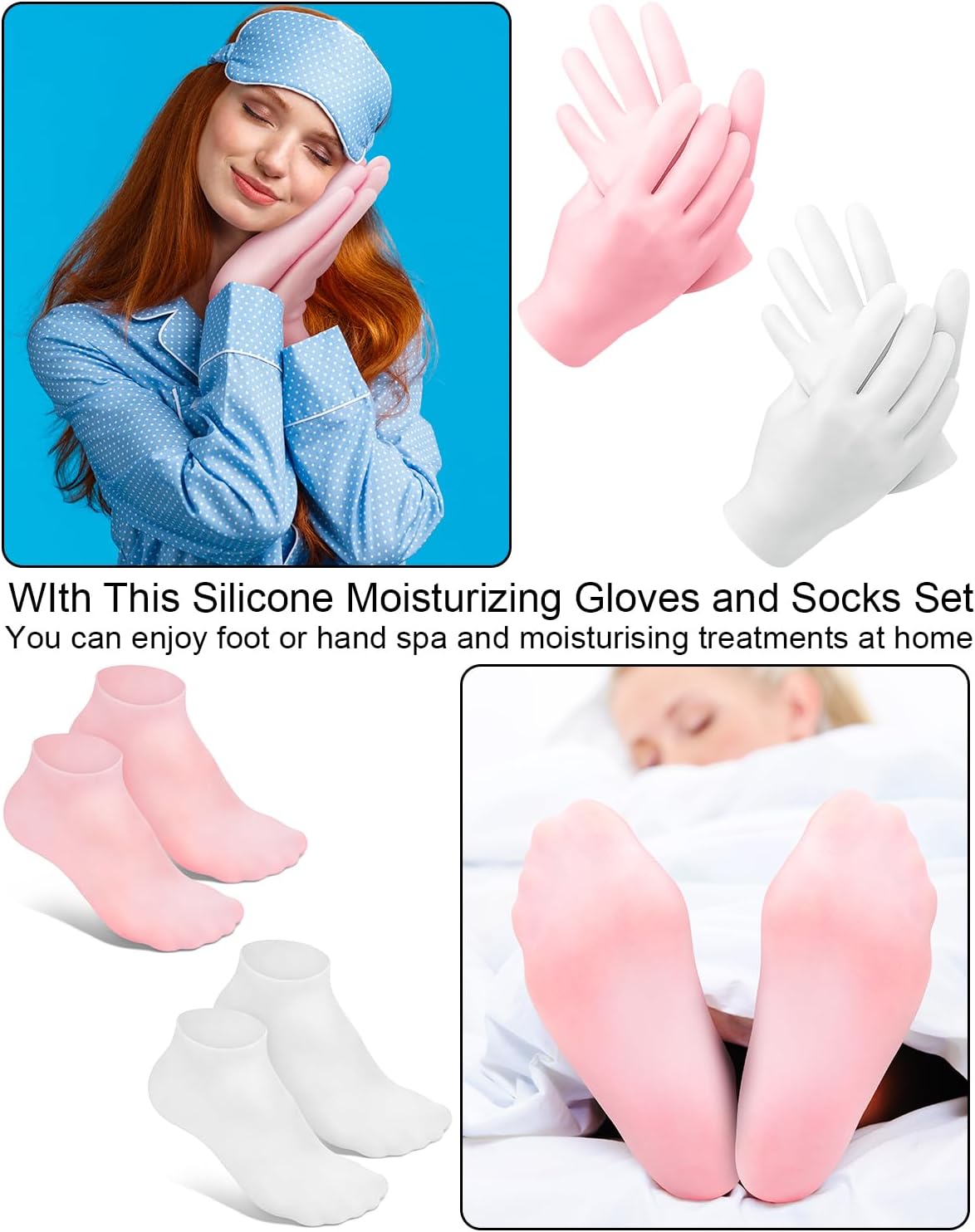 2 Pairs Silicone Moisturizing Glove Socks Set, Anti Slip Soft Spa Gel Socks Softening Feet Dry Cracked Skin, Women Spa Pedicure Socks for Foot Hand Softening, Foot Care After Pedicure (White)