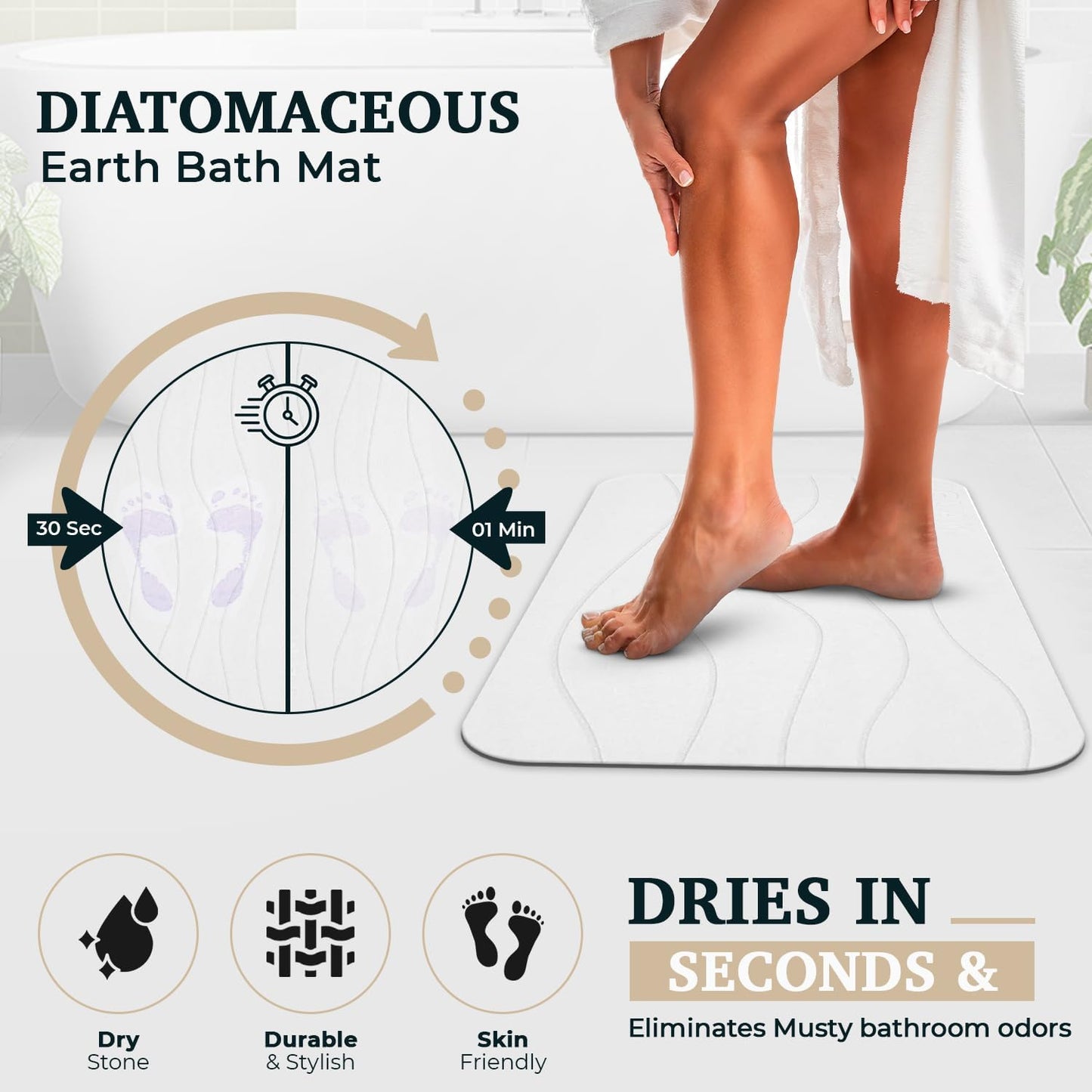 23" x 15" Diatomaceous Earth Shower Non Slip Stone Bath Mat | Quick Dry Super Absorbent Large Mats for Kitchen | Anti-Slip Fast Drying Water Absorbing Stone Bath Mats for Bathroom | Engr-Offwhite