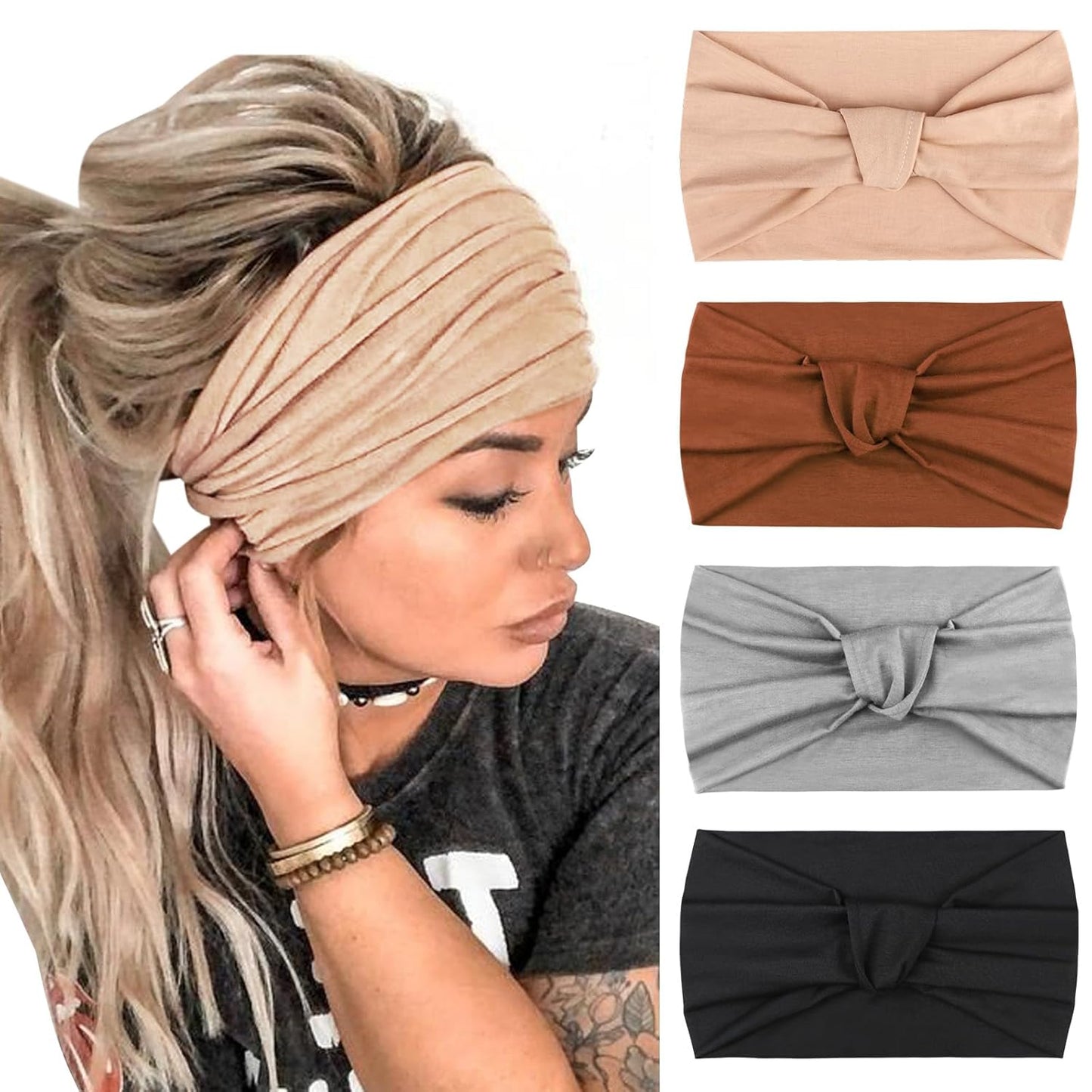 DRESHOW 4 Pack Turban Headbands for Women Wide Vintage Head Wraps Knotted Cute Hair Band Accessories
