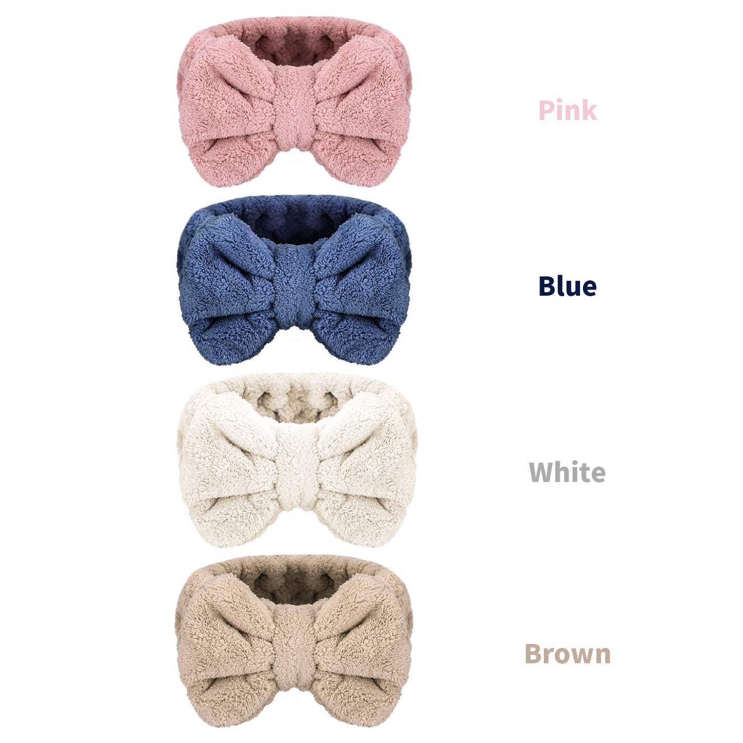 4 Pack Makeup Spa Headband Microfiber Bow Towel Soft Fluffy Washing Face Headband for Women Girls Shower Bath Skincare (White, Blue, Pink, Brown)