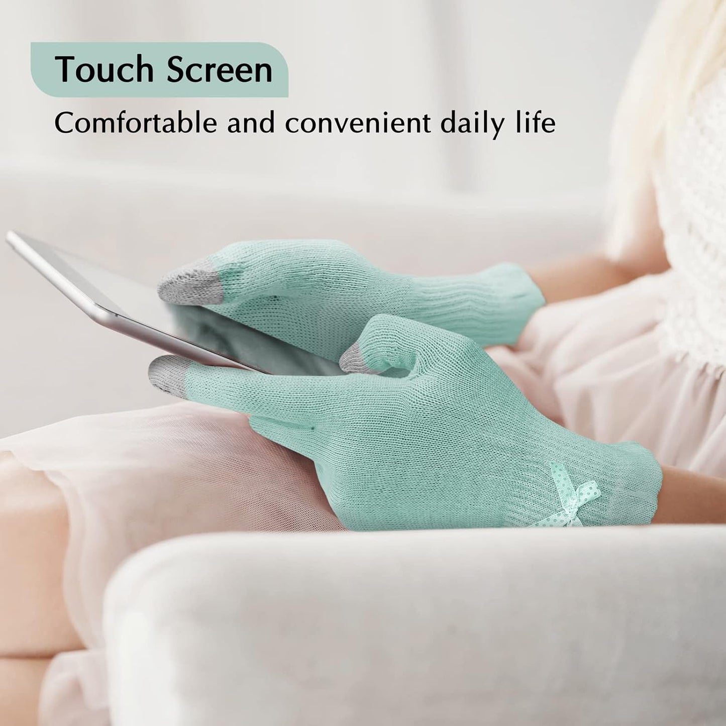 Evridwear Beauty Cotton Gloves with Touchscreen Fingers for SPA, Eczema, Dry Hands, Hand Care, Day and Night Moisturizing, (2 Pair L/XL, Feather Weight Mint Green Color)