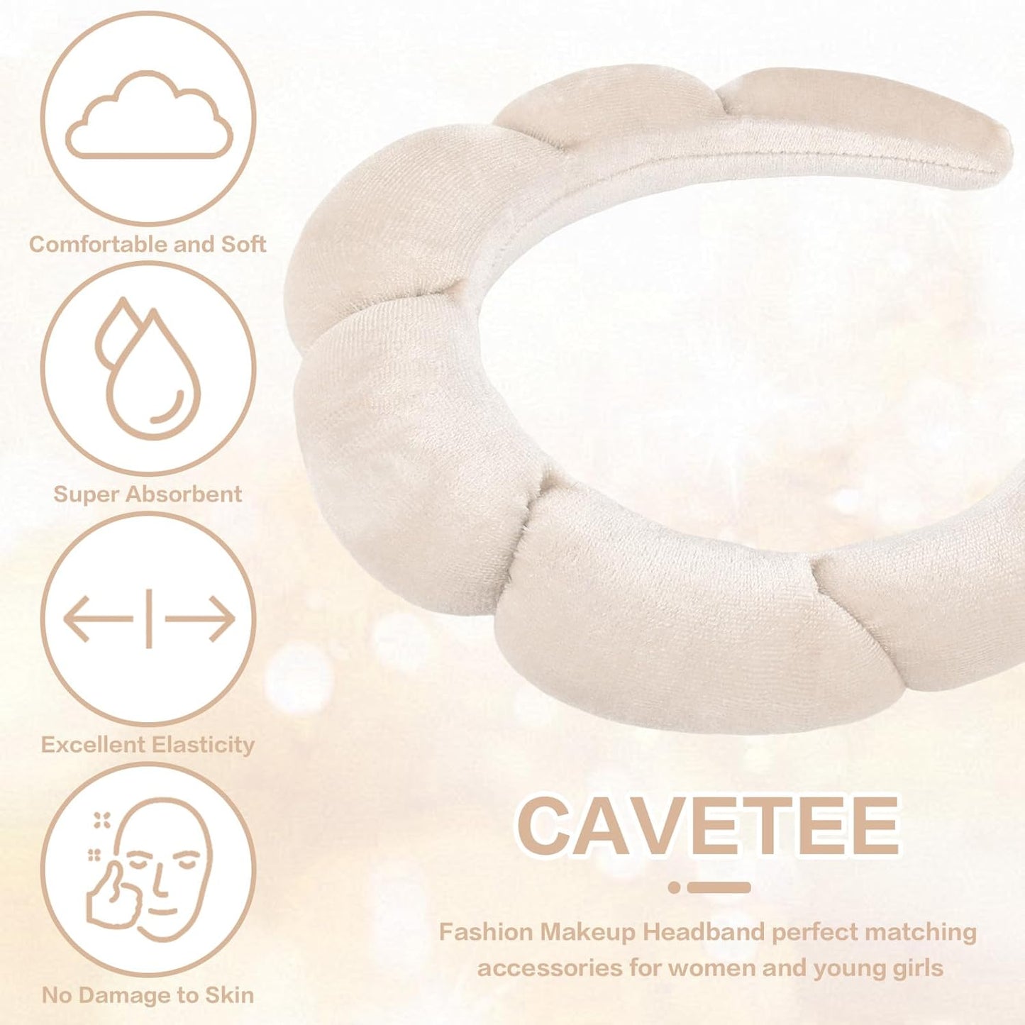CAVETEE Spa Headband for Washing Face, Sink Care Headband for Women Sponge Bubble Makeup Head band for Women, Soft Velour Hair Accessoriesfor Girls (Beige, one size)