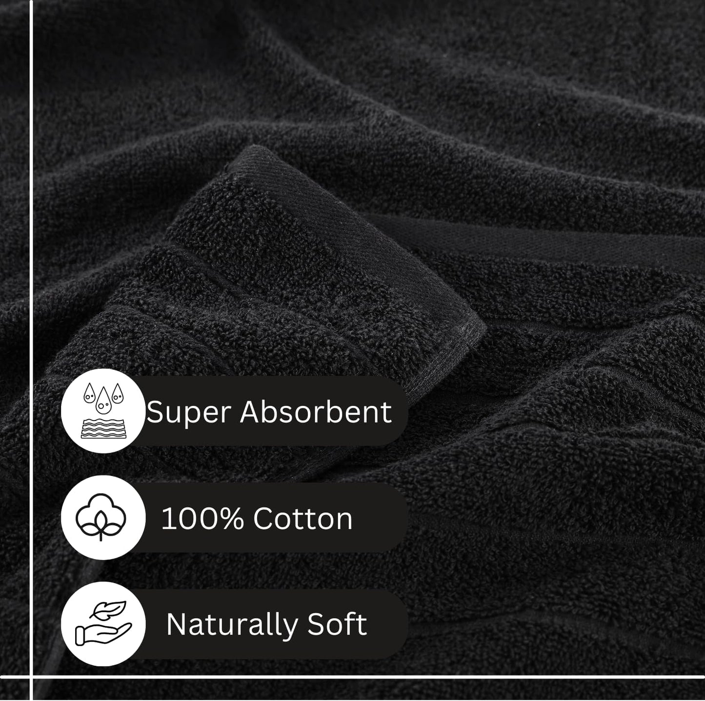 Casa Platino 100% Mercerized Cotton Luxury Bathroom Towels Set - 12 Piece - Ring Spun Technology - 4 Bath, 4 Washcloths, 4 Hand Towels - Remains Soft & Absorbent Even After Multiple Washes - Black