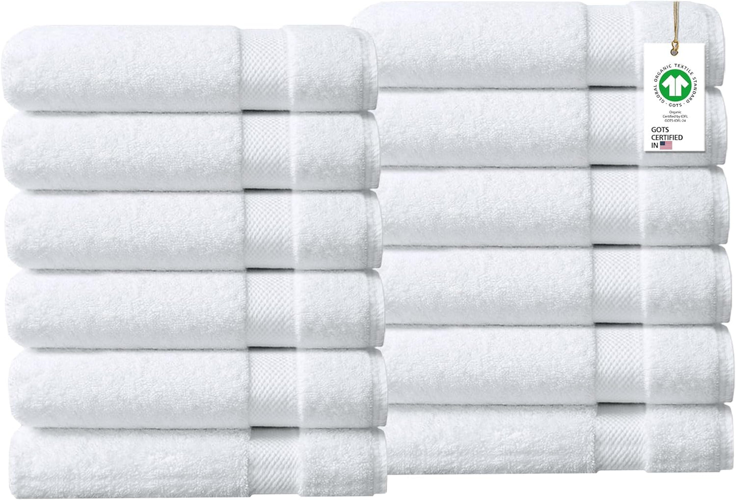 Delara 100% Organic Cotton Towels 650 GSM Plush Feather Touch Quick Dry Wash Cloth, Pack of 12 GOTS Certified, Oeko-Tex Green Certified, Organic Cotton Wash Cloth, 13"X13"