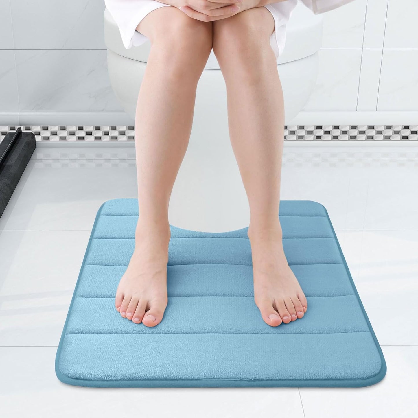 Buganda Memory Foam U-Shaped Contour Toilet Rugs, Non Slip Absorbent, Thick Soft Washable Bathroom Mat, Floor Carpet Bath Rugs Mat for Toilet Base (24" x 20", Blue)