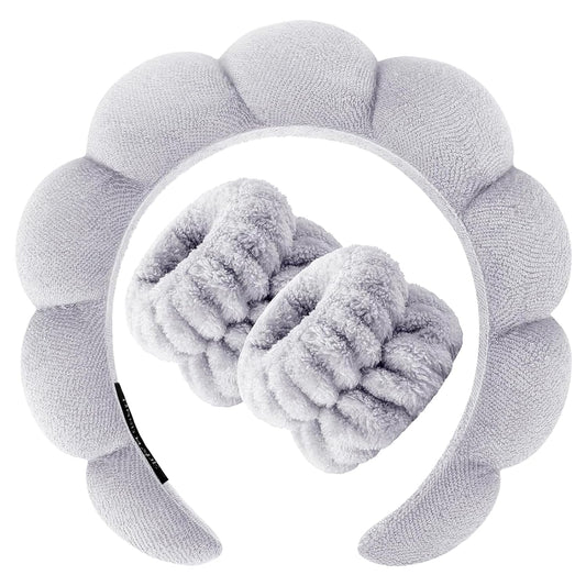 Zkptops Spa Headband for Washing Face Wristband Set Sponge Makeup Skincare Headband Terry Cloth Bubble Soft Get Ready Hairbands for Women Girl Puffy Padded Headwear Non Slip Thick Hair Accessory(Grey)