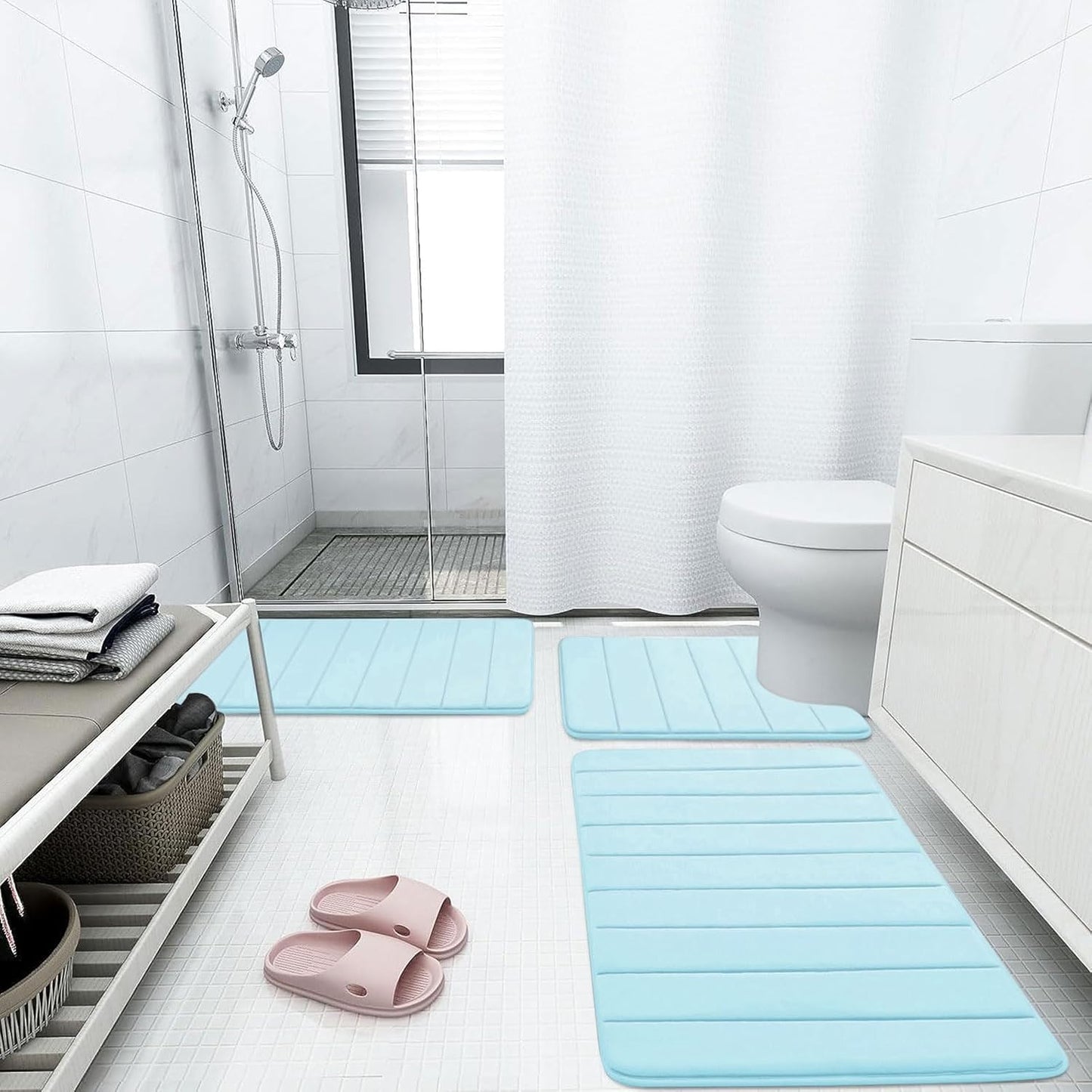 Buganda Memory Foam Bath Mat, 60" x 24", Ultra Soft and Non-Slip Bathroom Rugs, Water Absorbent and Machine Washable Bath Rug Runner for Bathroom, Shower, and Tub, Light Blue