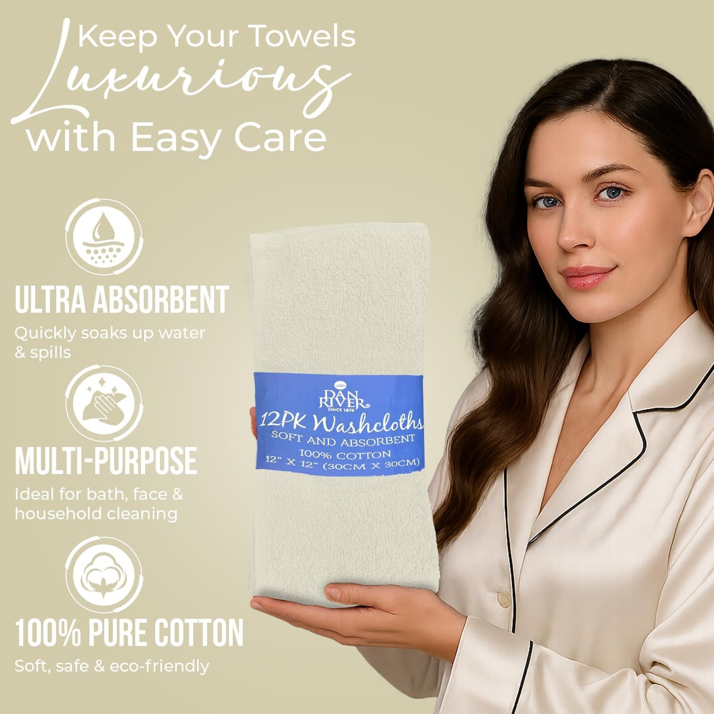 DAN RIVER 100% Cotton Wash Cloths 12 Pack [12x12] Soft & Absorbent Body wash Cloths, Gym, Hotels & Spa Perfect for Everyday Use Fingertip Towels, Ivory