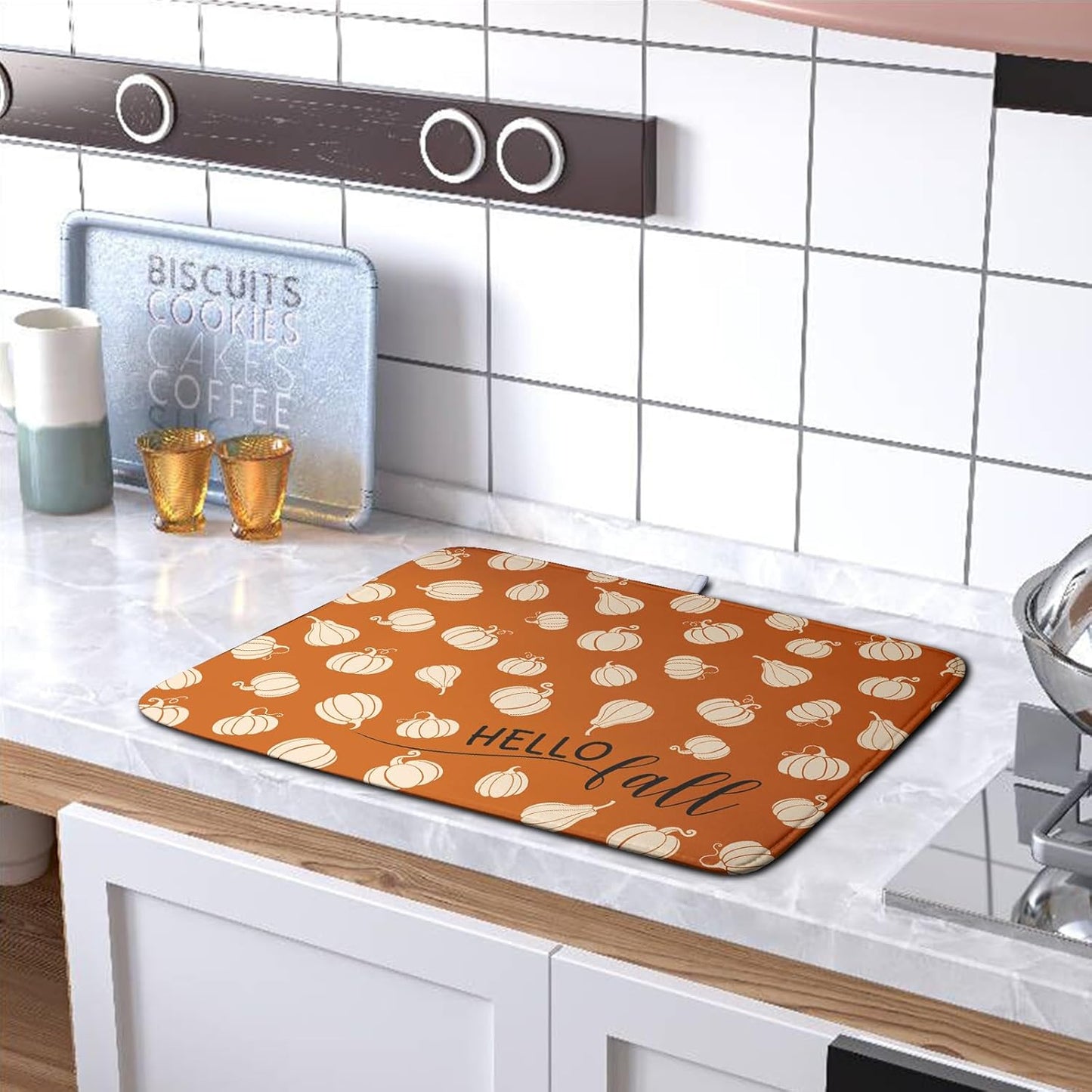 Hello Fall Drying Mat for Kitchen Counter Autumn Orange Pumpkin Dry Dish Mat Thanksgiving Absorbent Microfiber Dish Draining Washable Dish Drainer Rack Mat 16x18 Inch