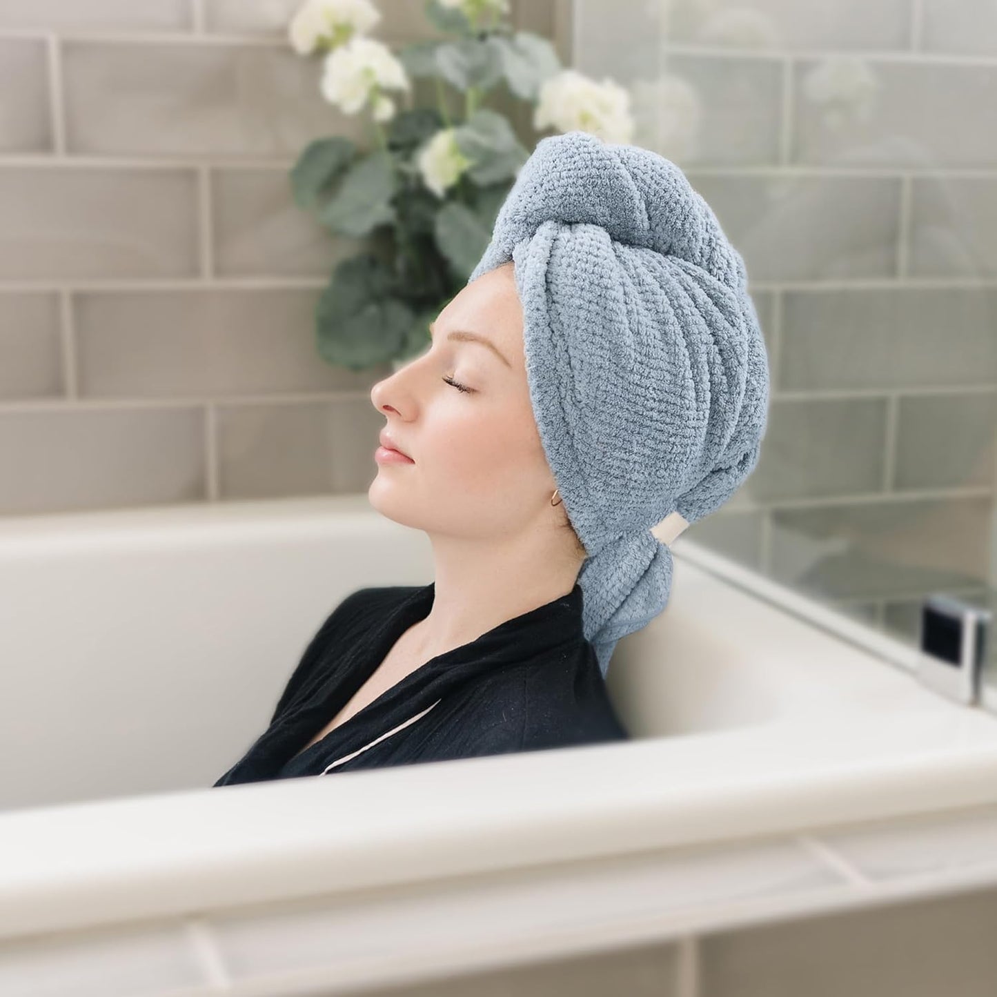 2 Packs Large Microfiber Hair Towels for Women, Super Absorbent & Quick Dry Hair Towel Wrap for Curly Hair Long & Short Hair- Anti-Frizz Hair Turbans for Wet Hair (Blue/White) - 27.5''*39.4''