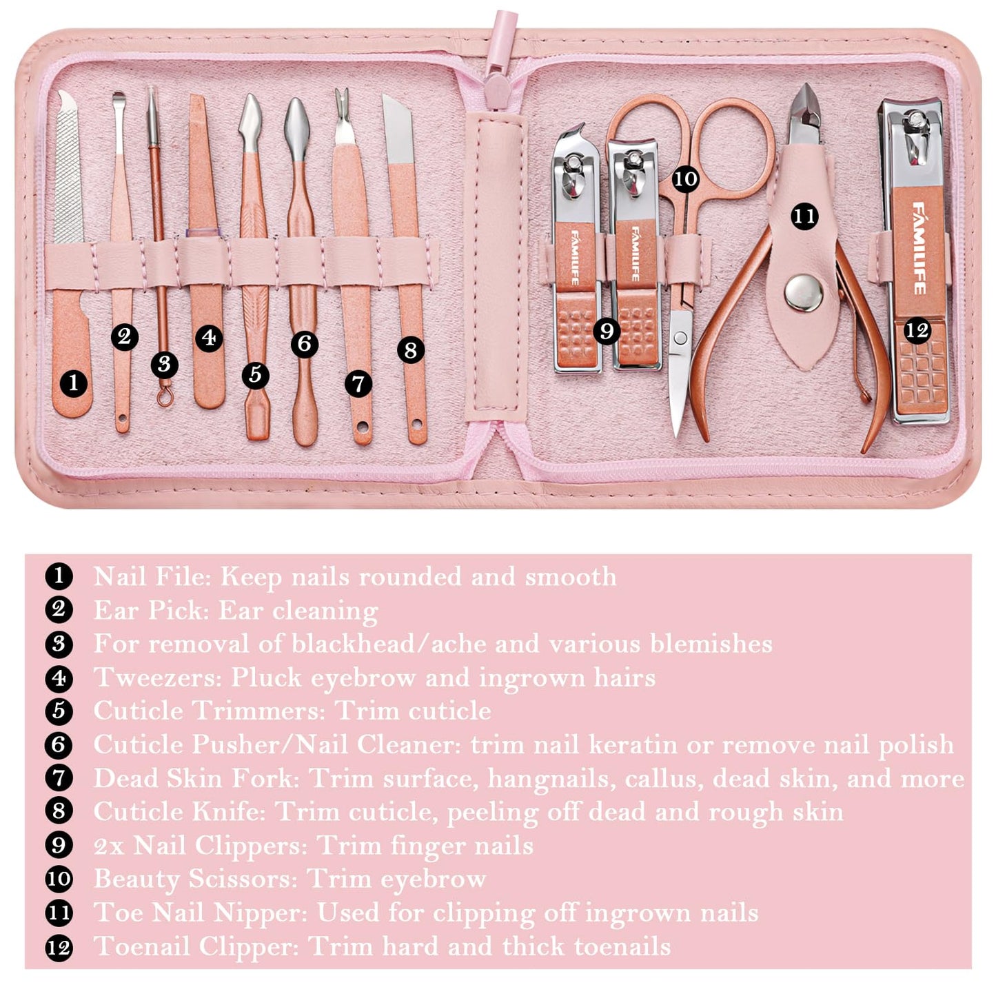 FAMILIFE Manicure Set, Professional Nail Kit Stainless Steel Nail Clipper Set, 13PCS Beauty Tools Manicure Kit Pedicure Tools, with Portable Pink Leather Travel Case for Her