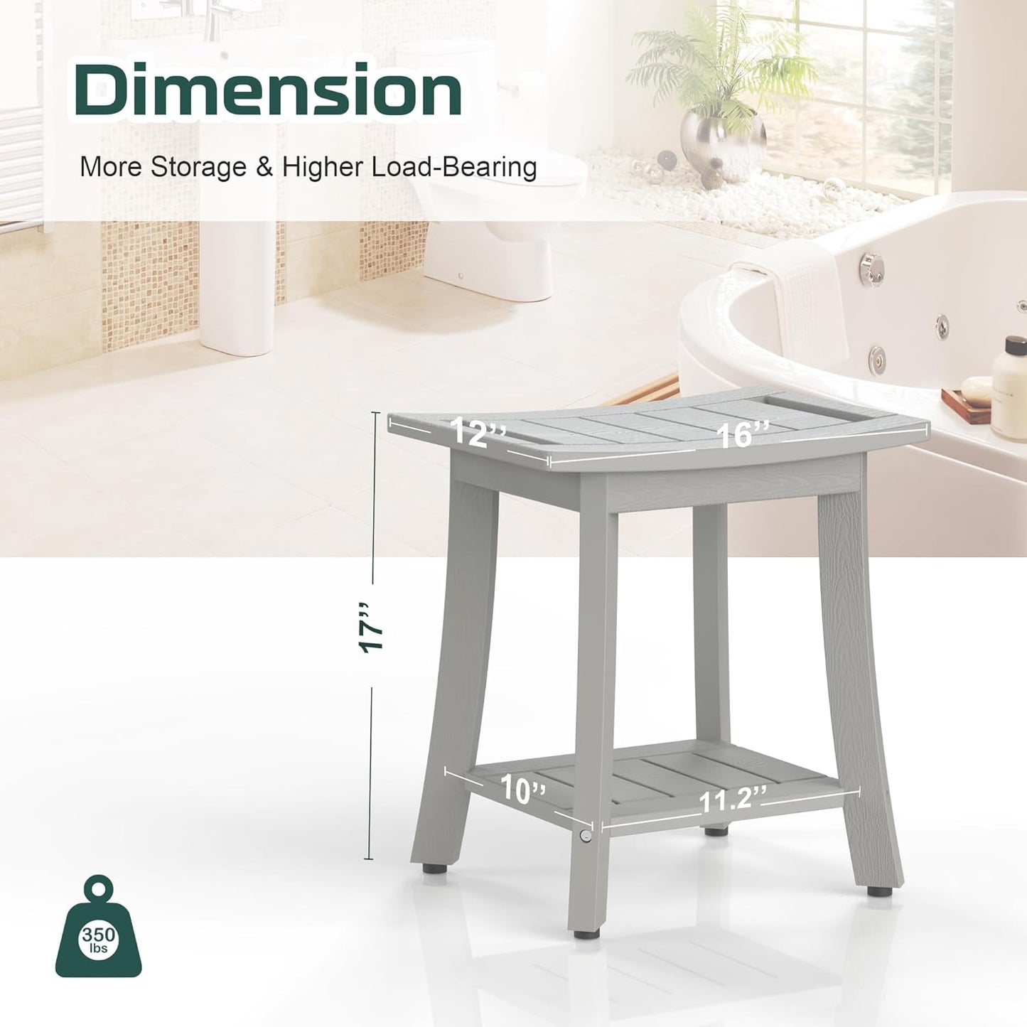 HIPS Shower Benches for Inside Shower, Waterproof Shower Stool with Storage Shelf & Adjustable Feet, SPA Bathroom Seat Chair for Shaving Legs, Indoor or Outdoor Use, Grey