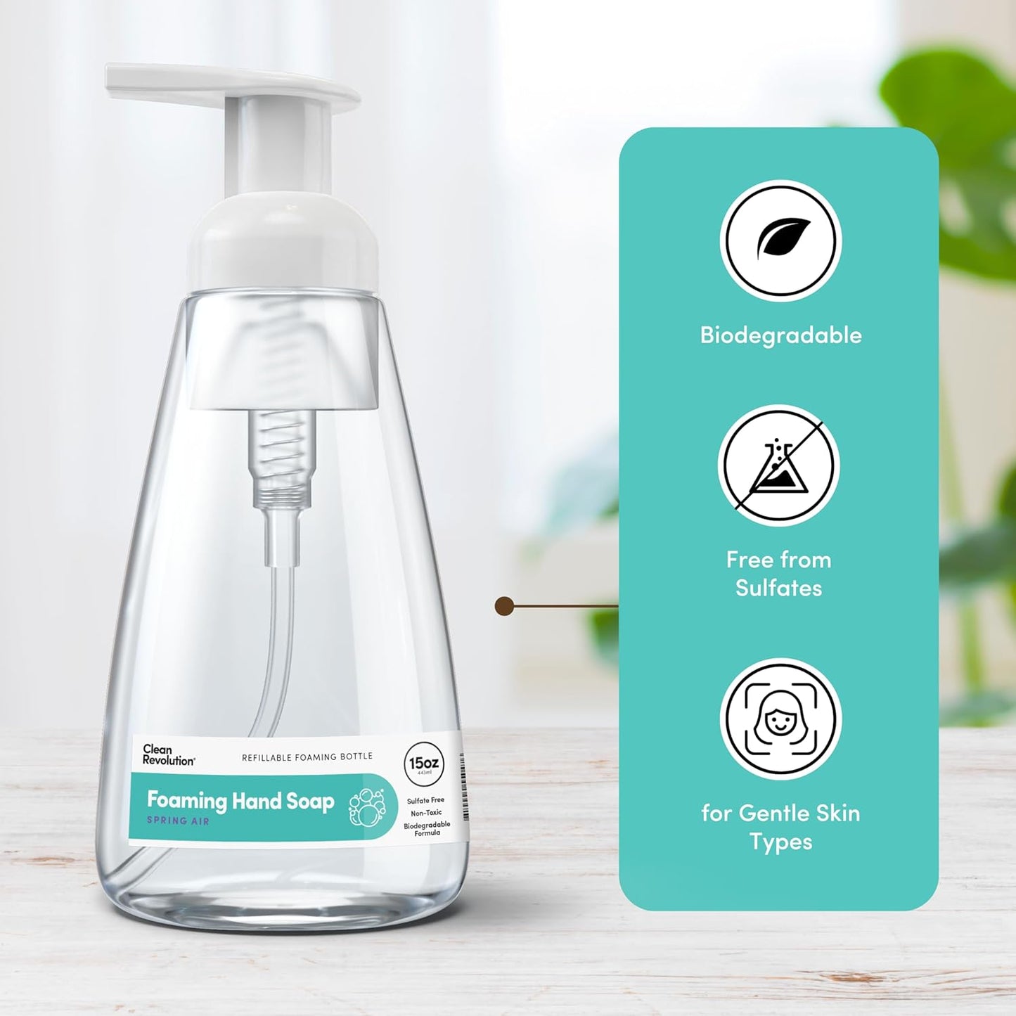 Clean Revolution Ready to Use Foaming Hand Soap | Three Pack | Jumbo 15oz Bottles | Gentle, Moisturizing & Eco-Friendly | Real Essential Oils | Spring Air | 45 Total Fl Oz, Clear