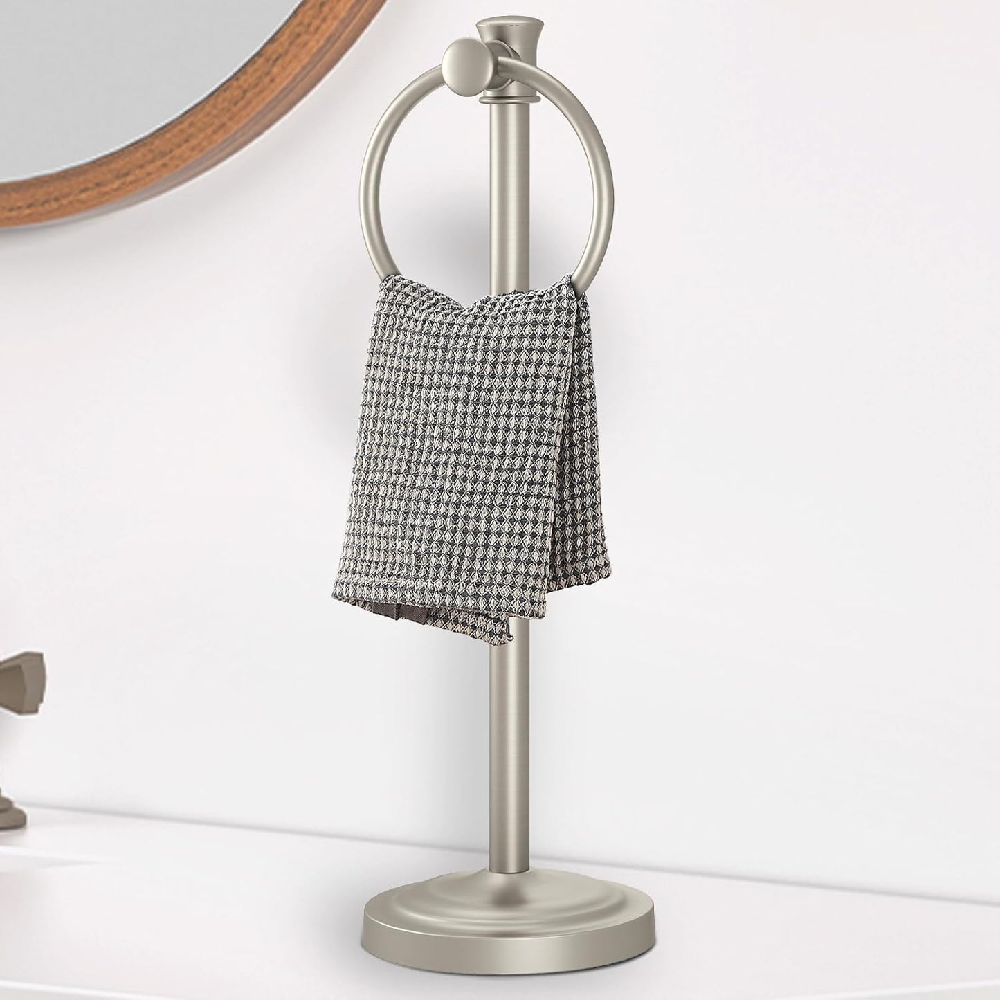 Hoimpro 17 Inch Stand Hand Towel Holder Towel Bar Towel Hanging Ring, Free Standing Floor Hand Towel Rack Storage for Bathroom Kitchen Vanity Countertops, Hardware Accessories(Brushed Nickel)