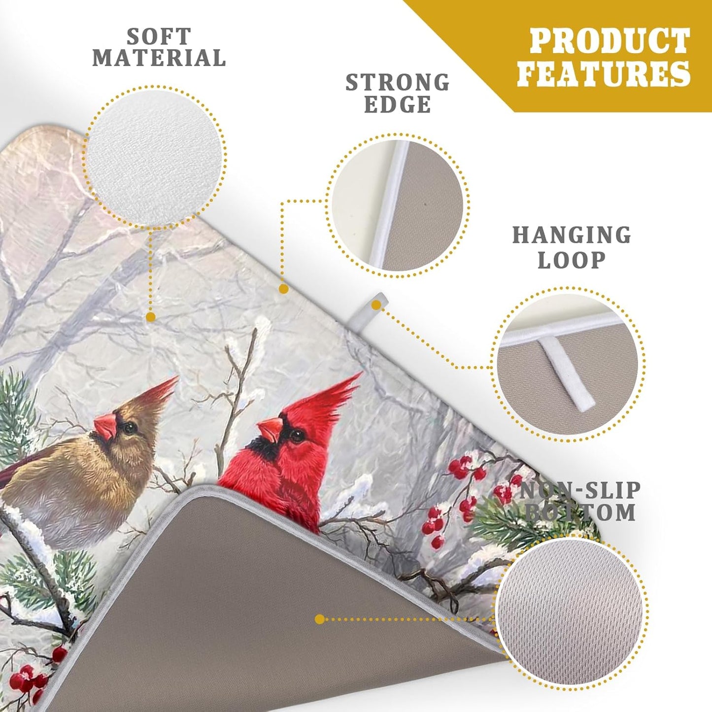 Red Bird Dish Drying Mat Merry Christmas Dishes Pad Absorbent Fast Dry Dish Drainer Mat Protector for Kitchen Counter 18 x 24 Inches