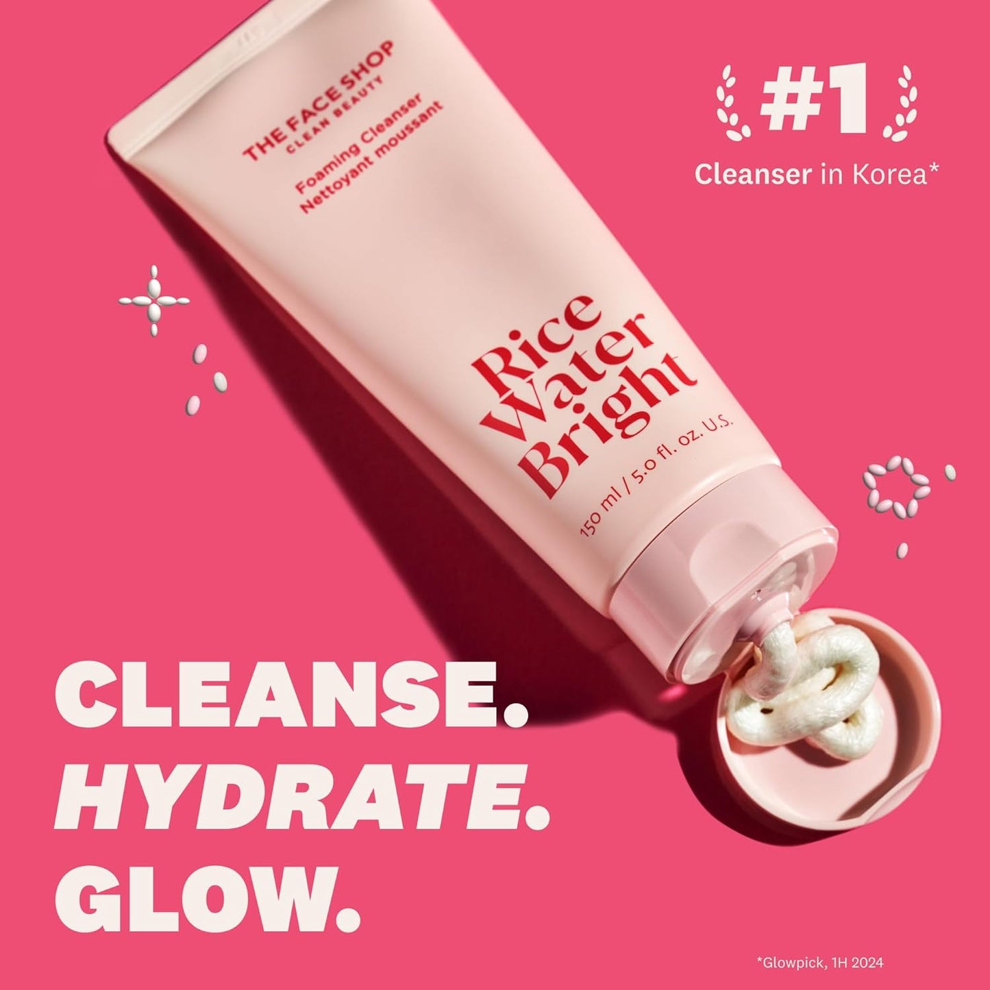 The Face Shop Rice Water Bright Foaming Facial Cleanser with Ceramide, Gentle Face Wash for Hydrating & Moisturizing, Vegan Face Cleanser, Makeup Remover, Korean Skin Care for All Skin Types, 150ml