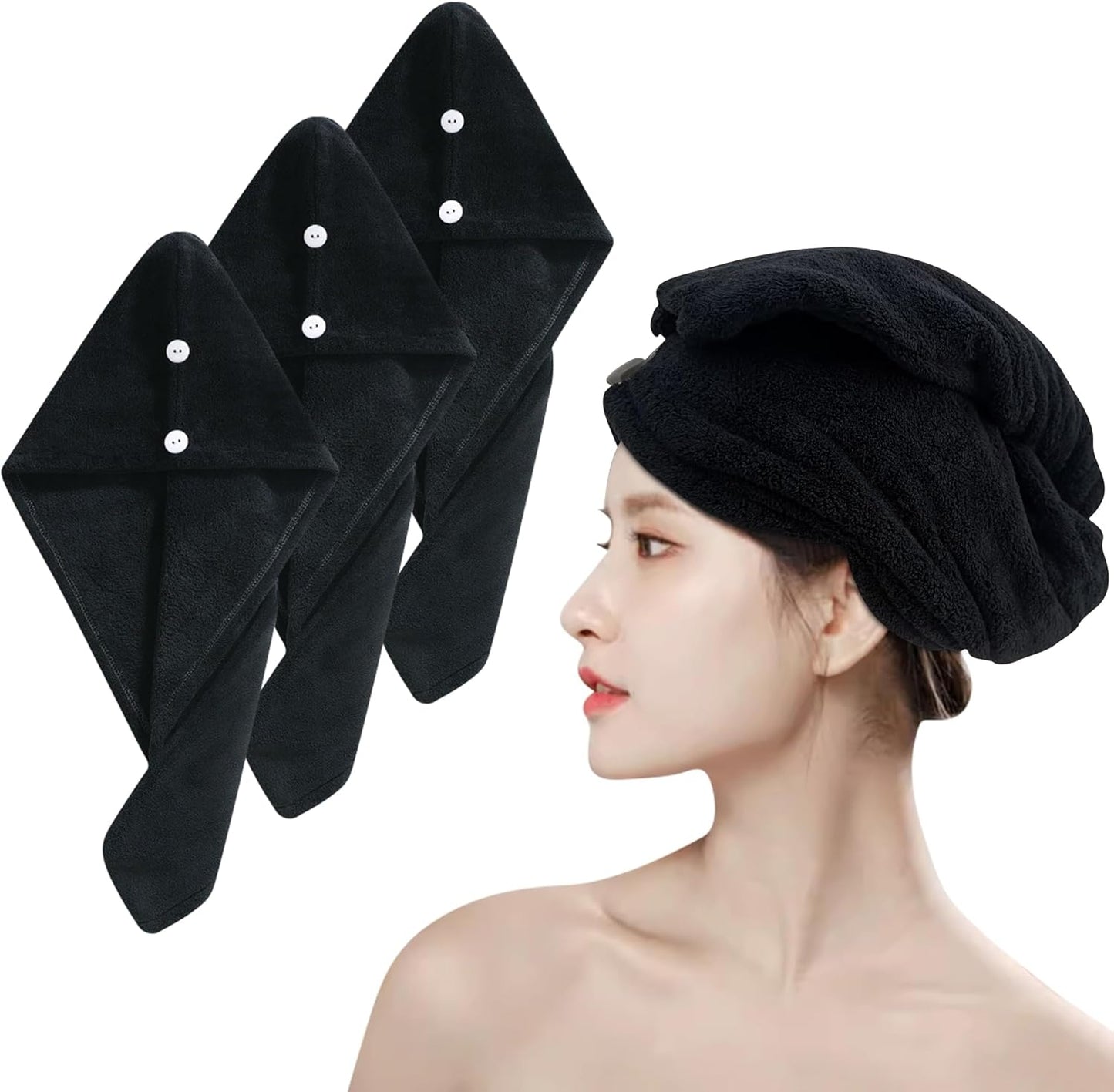 3 Pack Microfiber Hair Towel,Quick Dry Hair Towel Turbie Wrap for Women Kids,Super Absorbent Fast Head Wraps Drying Towel with Button for Wet Curly Hair(Black 25.6x9.8 Inch)