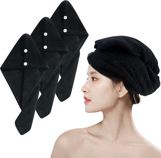3 Pack Microfiber Hair Towel,Quick Dry Hair Towel Turbie Wrap for Women Kids,Super Absorbent Fast Head Wraps Drying Towel with Button for Wet Curly Hair(Black 25.6x9.8 Inch)