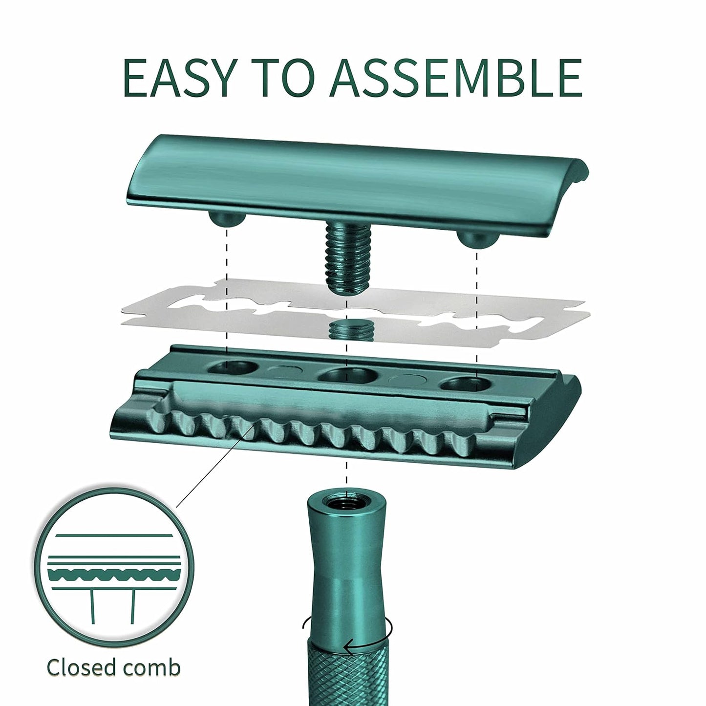 Bambaw Double Edge Close Comb Safety Razor with Stand, Shaving Razor for Men with 5 Safety Razor Blades, Reusable Eco Freindly DE Metal Razor – Sea Green