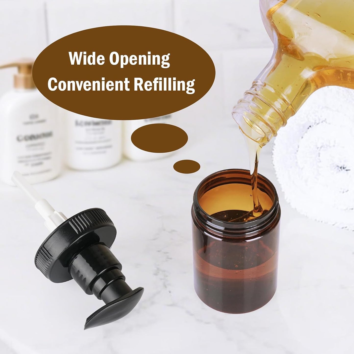 Cosywell Pump Bottle Dispenser 4oz/120ml 4 Pack Plastic Pump Bottles Lotion Dispenser Wide Mouth Jar Style Empty Refillable Bathroom Shower Containers for Shampoo Conditioner Body Wash(Brown)